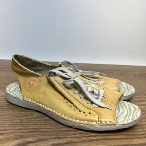 Softinos By Fly London Shoes Womens Sz 38 Yellow Lace Up Peep Toe Shoes Comfort